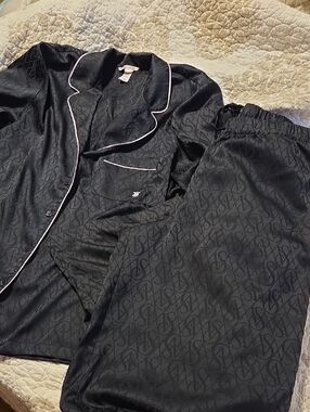 Victoria's Secret Black Satin Pajama Top with‎ Tonal Monogram